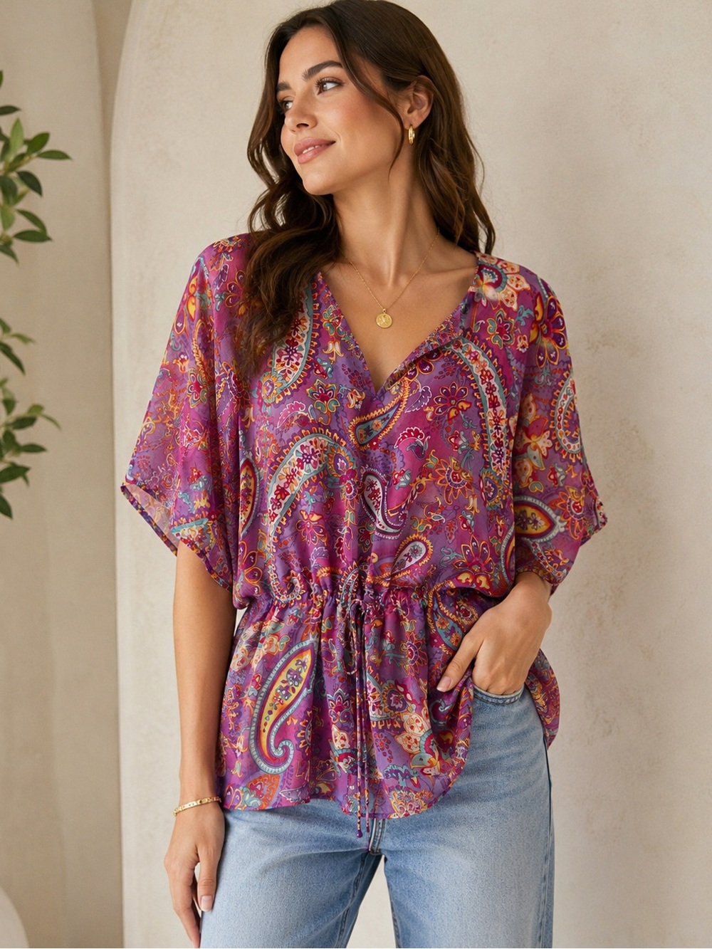 Purple Paisley V-Neck Drawstring Blouse